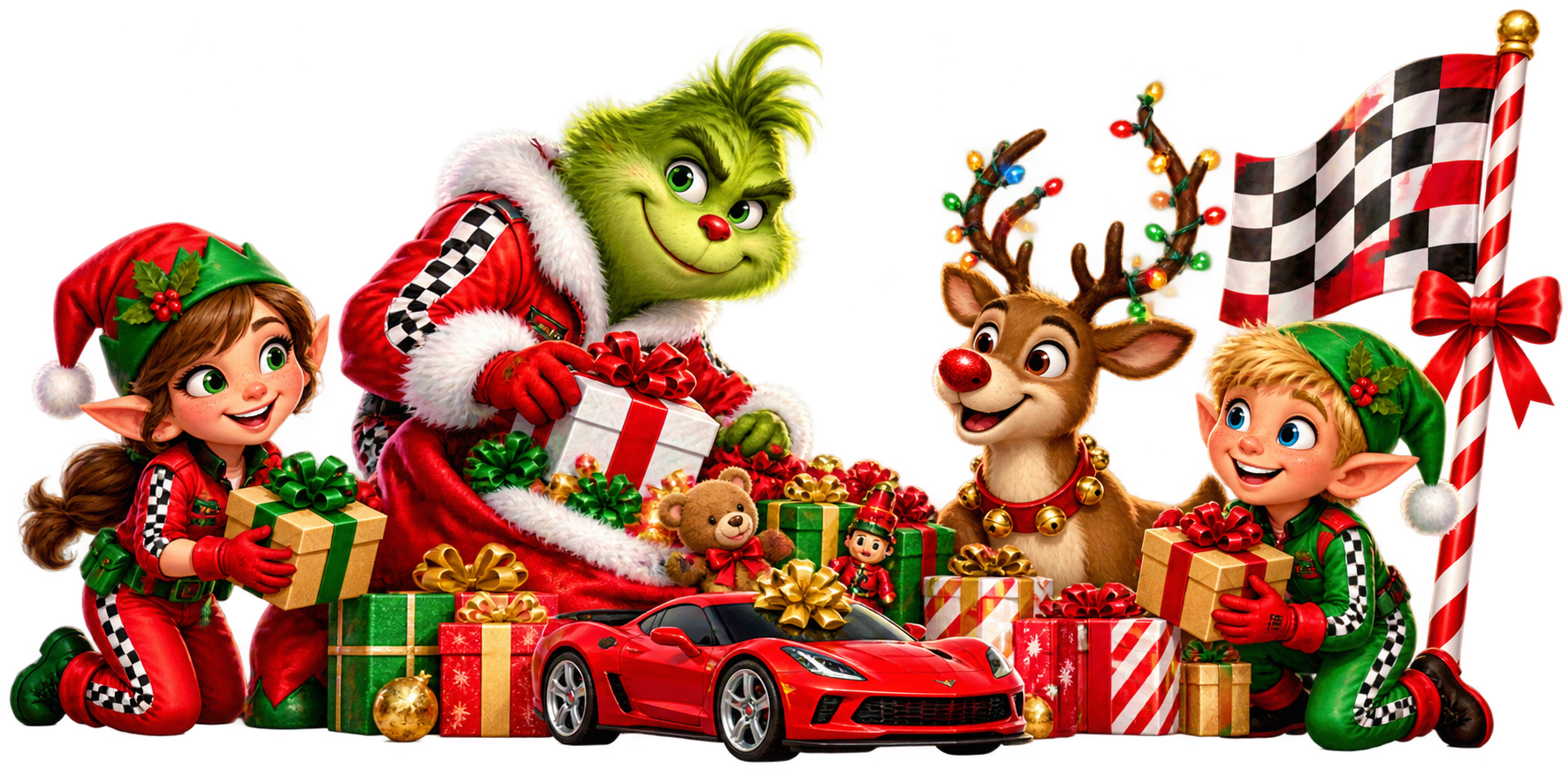 Festive green holiday character, elves, reindeer, gifts, and a red toy sports car